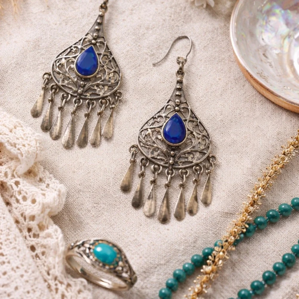 Vintage Sterling Silver Lapis Filigree Chandelier Earrings Boho Statement Fringe
